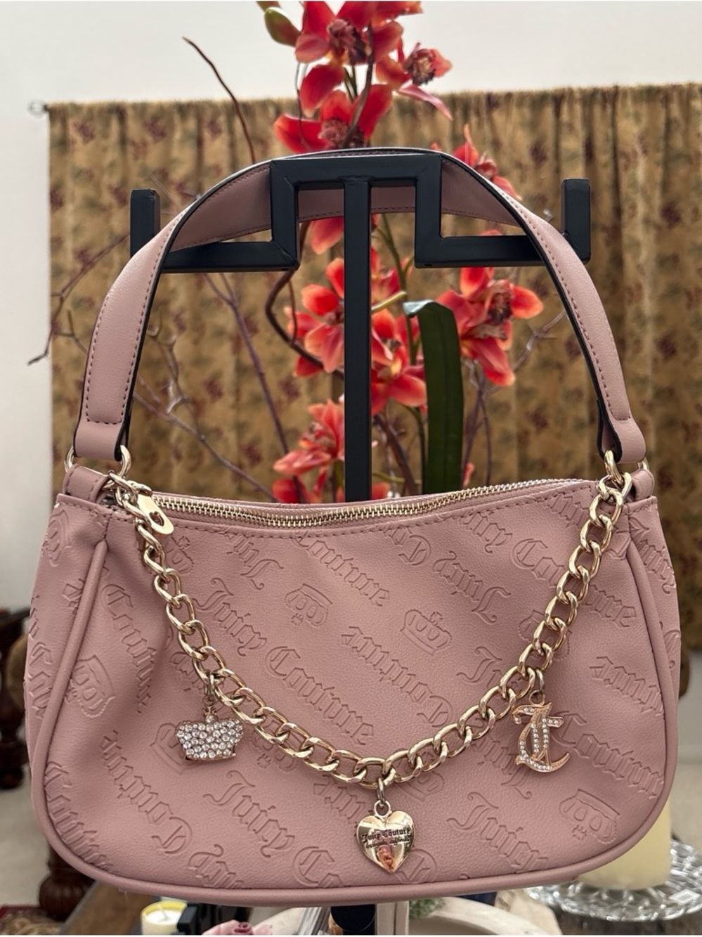 Juicy Couture Dusty Pink Logo-Embossed Shoulder Bag with Gold Chain Charm